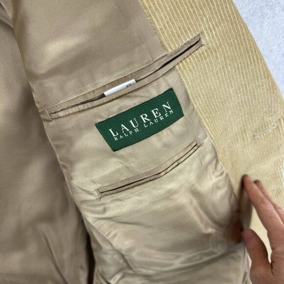 Lauren Ralph Lauren Corduroy Sports Jacket Blazer 40R Tan Silk Lined Knotted - Picture 4 of 10